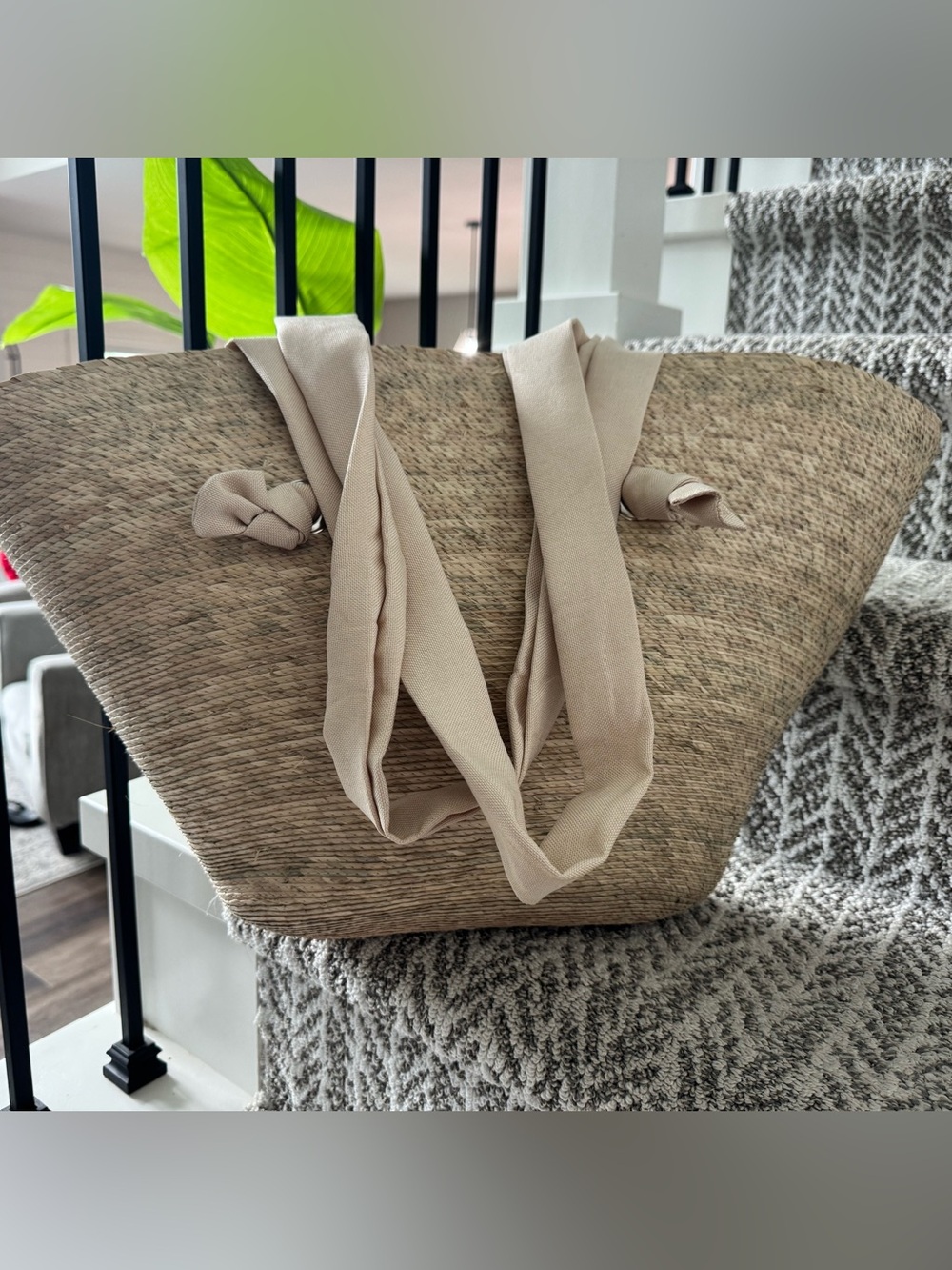 Paradisus by Melia Neutral Straw Tote with Taupe Fabric Handles